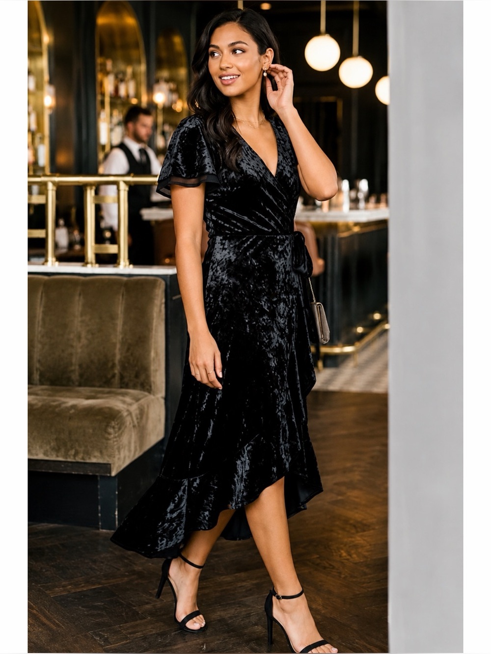 NWT Altar’d State Crushed Black Velvet Wrap Midi Dress